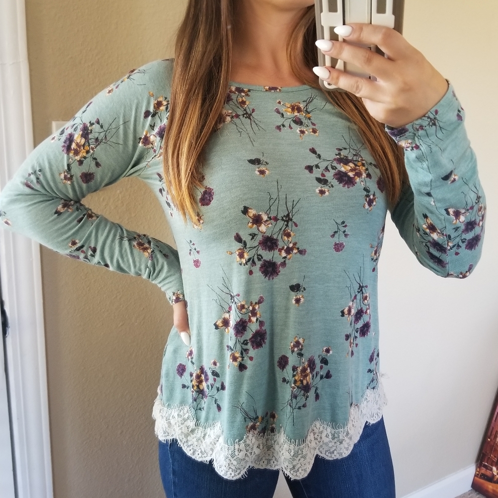 Rewind Green Floral Long Sleeve Top with Lace